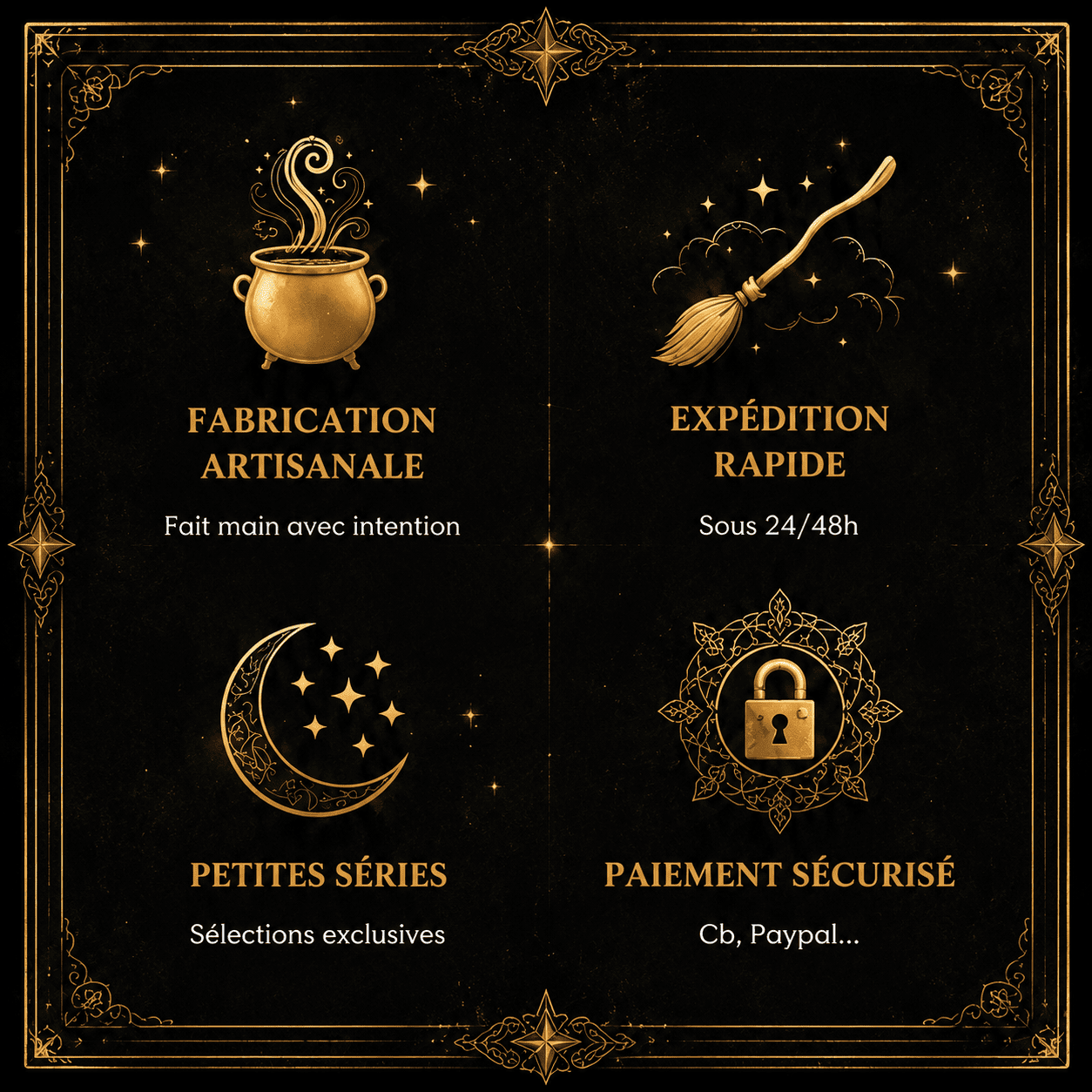 Services et engagements La Malle aux Sorci&egrave;res : Fabrication artisanale, exp&eacute;dition rapide 24/48h, petites s&eacute;ries exclusives et paiement s&eacute;curis&eacute;.